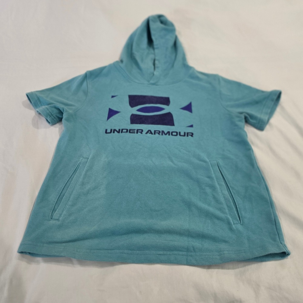 Under Armour Short Sleeve Hoodie Youth Large Teal Excellent 1361686 Graphic Logo